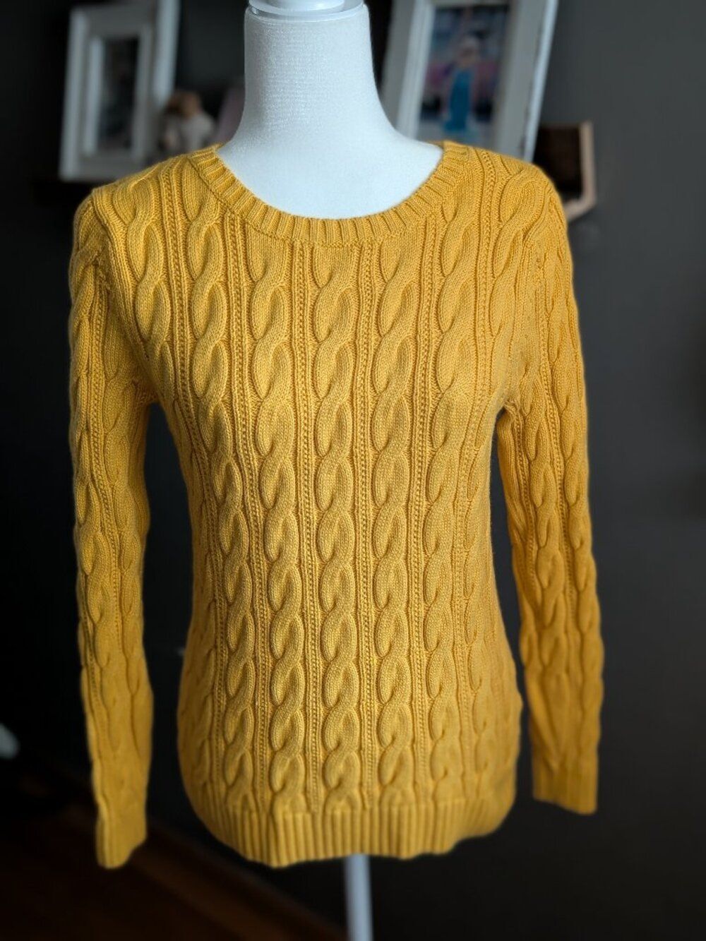 Lands' End Yellow Cotton Cable Knit Sweater Traditional Coastal Preppy Tops S